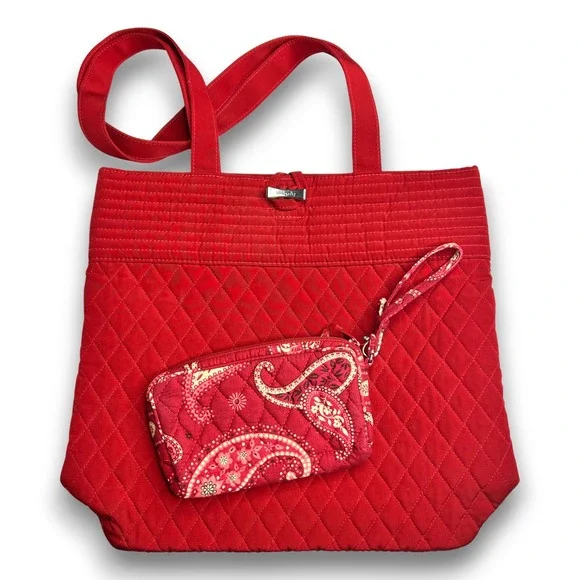 Vera Bradley Red Quilted Tote Bag Polka Dot Lining Toggle Closure w Wristlet Set - Picture 1 of 9